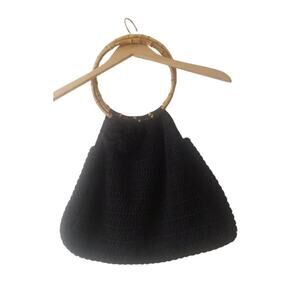MARILYN PIVNICK BLACK CROCHET TOTE WITH ROSE BAMBOO HANDLES